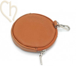 Leather purse wallet round with clip. color : Cognac