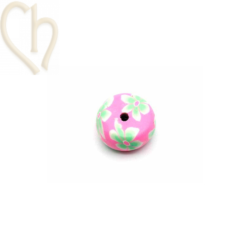 boule aplatie en polymère 12*6mm dessin fleuri fuchsia