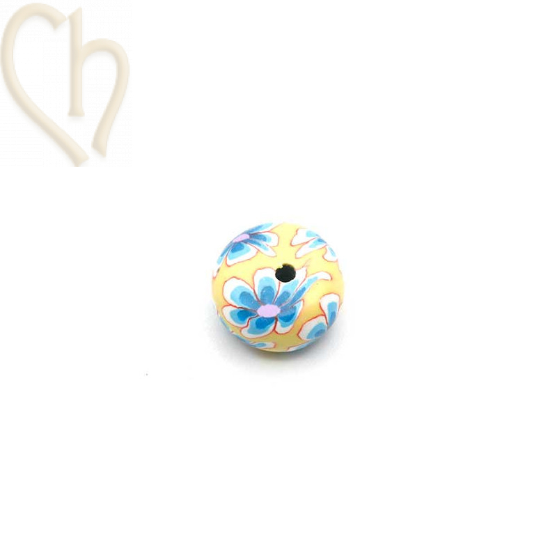 Ball flat in Polymere 12*6mm with flowerdesign blue Yellow