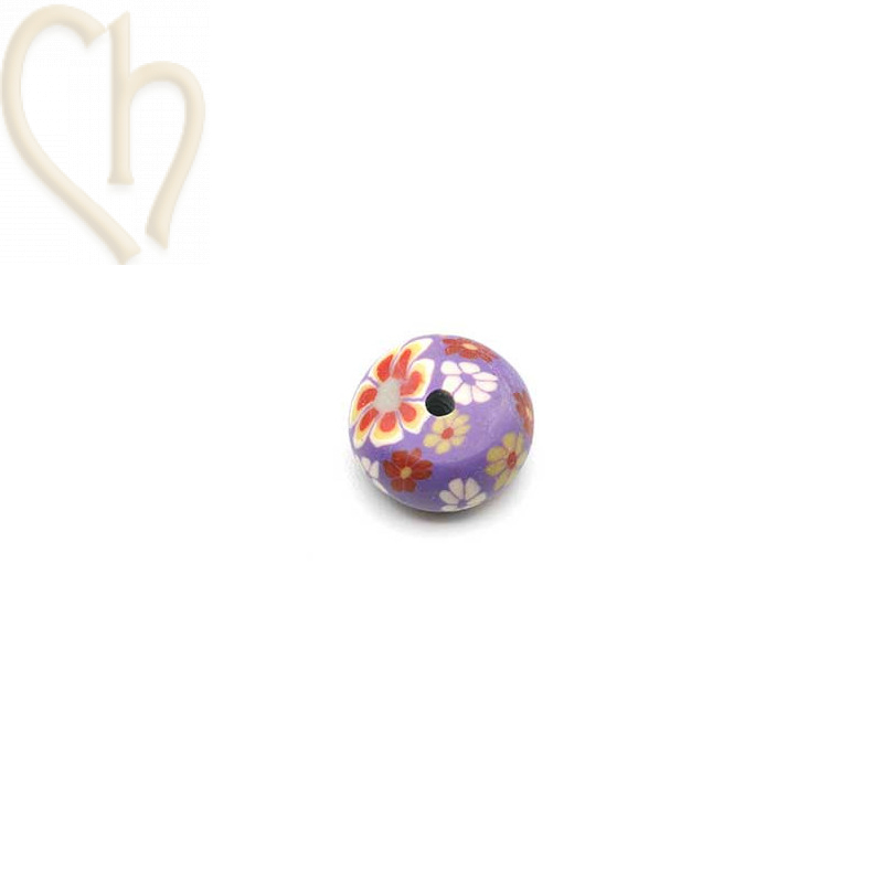 boule aplatie en polymère 12*6mm dessin fleuri Mauve