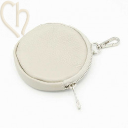 Leather purse wallet round with clip. color : Beige - Silver