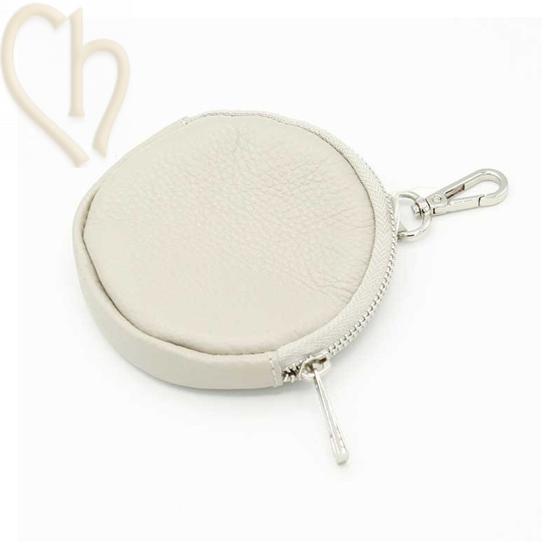 Pochette etui en cuir rond avec clip. couleur : Beige - Silver