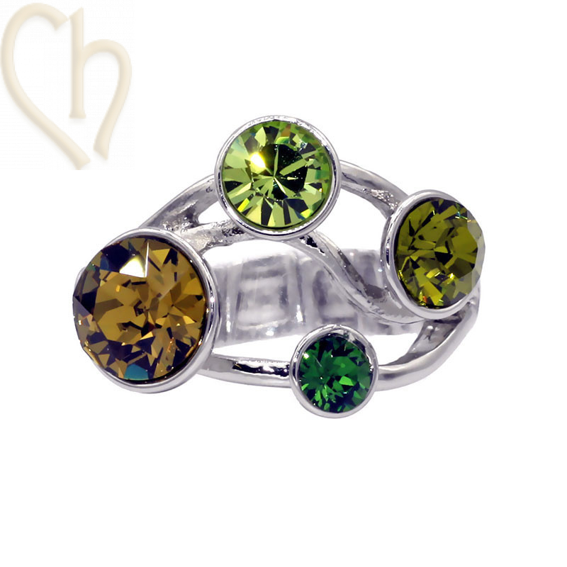 Kit van Ring regelbaar elastisch Rhodium Plated  met Cristal stenen Green